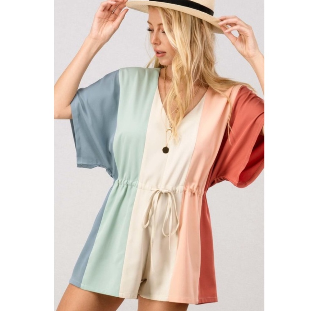 Multi Color Block V Neck Romper Striped